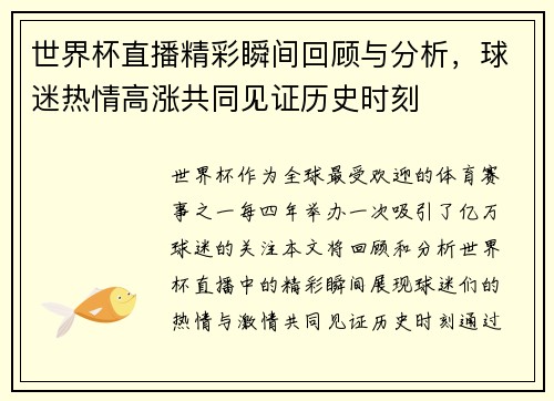 世界杯直播精彩瞬间回顾与分析，球迷热情高涨共同见证历史时刻