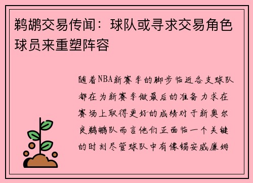鹈鹕交易传闻：球队或寻求交易角色球员来重塑阵容